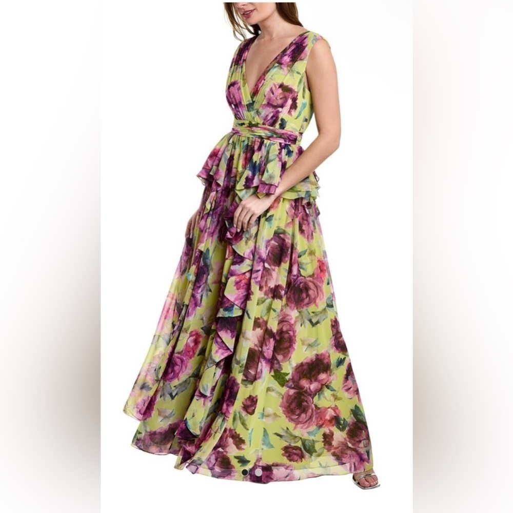 NWT Badgley Mischka Floral Ruffle V Neck Gown Purple Yellow Green 8